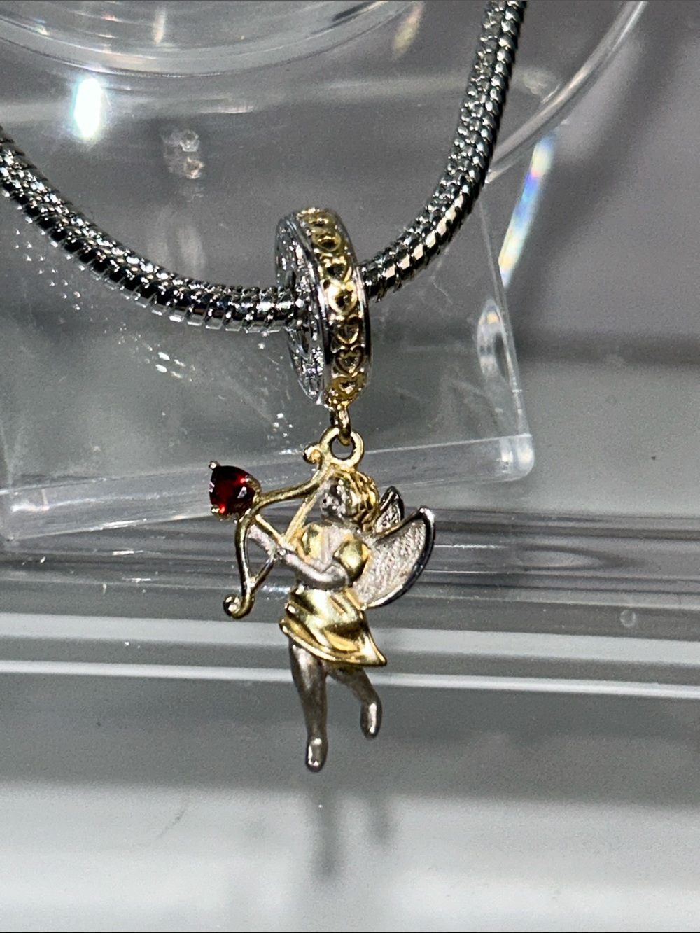 NWOT Gems En Vogue Palladium 18k Accent Genuine Red Garnet Cupid Euro Charm